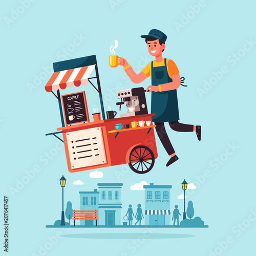 Happy Barista Serving Coffee from a Mobile Cart in a City Street Scene