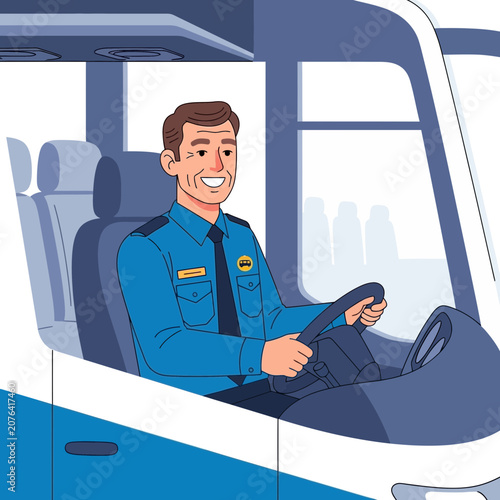 Happy Bus Driver Operating Vehicle, Professional Transportation Service