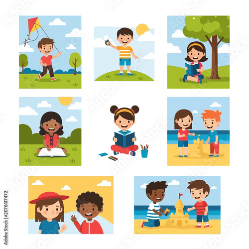 Happy diverse children enjoying summer outdoor activities and learning