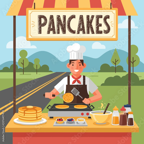 Happy Chef Cooking Pancakes at Outdoor Food Stall