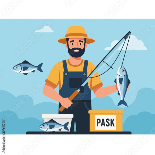 Happy Fisherman with Catch - Vector Illustration of Fishing Hobby