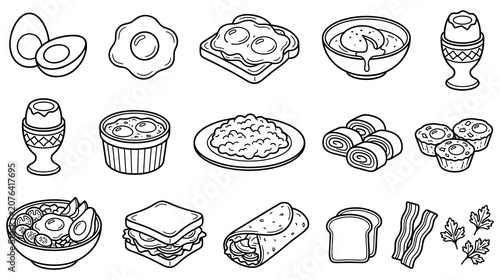 Bilde på lerret Set of breakfast food icons in simple black outline style.