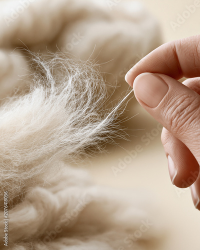 Fingers carefully lifting a single fine white fiber strand