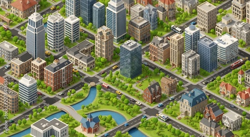 Isometric city map with detailed 3d buildings and urban infrastructure including green parks and river.