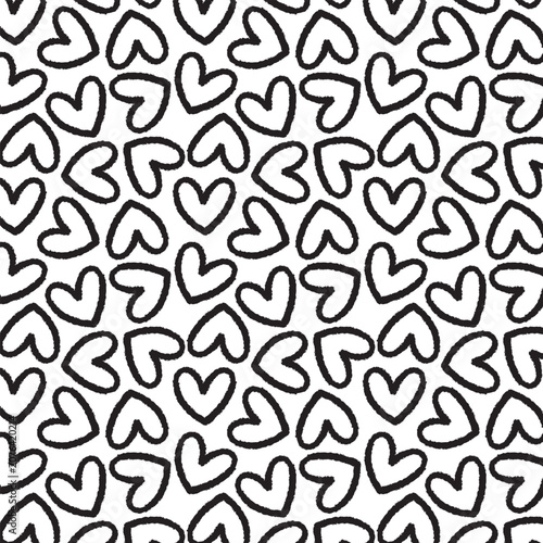 Seamless heart pattern. Hand painted ink brush. Black and white.	