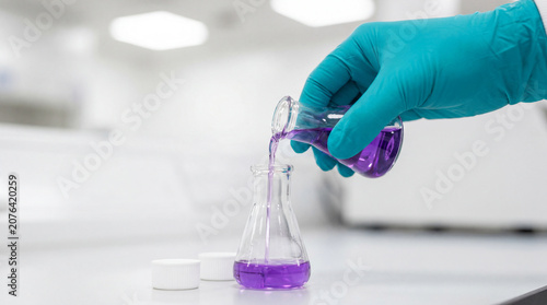 Pouring purple laboratory solution into Erlenmeyer flask for chemical analysis