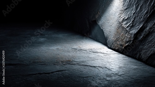 A darkened, abstract, stone wall and ground, highlighted by a single overhead light source