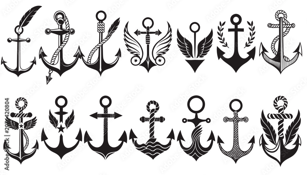 Fototapeta premium Vintage nautical anchor and emblem illustrations in black and white.