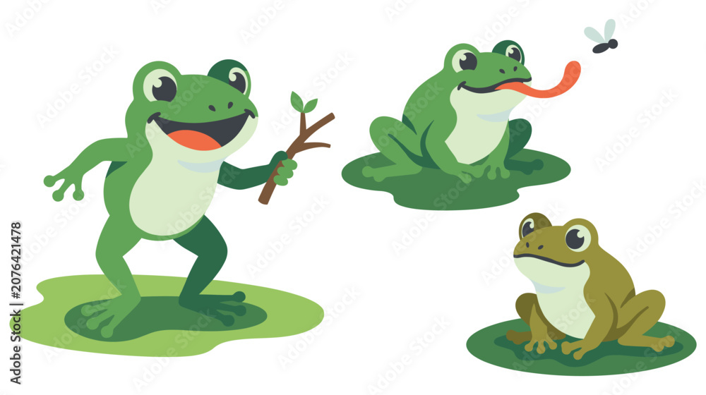 Naklejka premium Set of cute green frog characters in various poses.