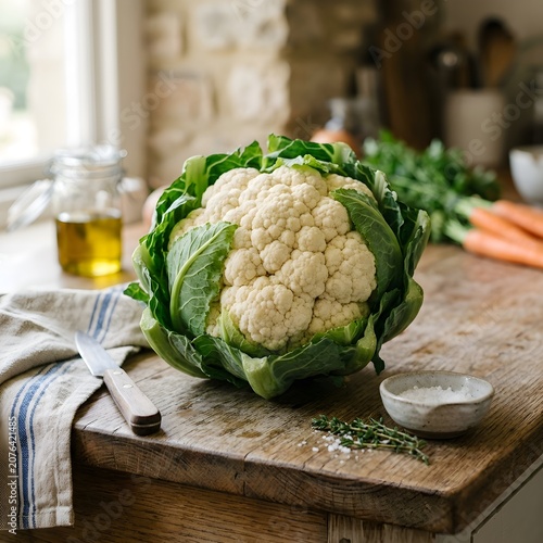 Fresh whole cauliflower on rustic wooden table in natural kitchen setting
