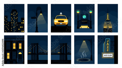 Flat Vector Icons of New York City at Night, Featuring Iconic Landmarks and Scenes, Including Skyscrapers, Yellow Taxi, Brooklyn Bridge, and Jazz Club Sign, Dark Blue Ambiance with Yellow and Teal