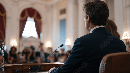 Congressional subcommittee chamber during whistleblower testimony with legal counsel seated beside witness at microphone table, elevated panel members reviewing submitted evidence