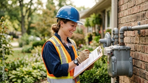 A smiling utility technician performing a home gas meter inspection, carefully checking a residential natural gas meter while documenting findings on a clipboard.