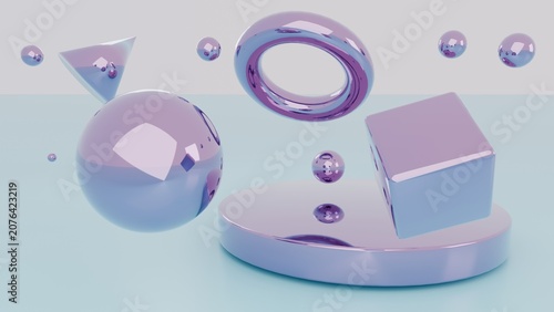 Surreal Purple And Teal Geometric Composition With Pearl Sphere 3D Render