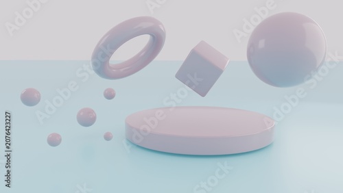 Teal Background With Floating Ring Cube And Sphere 3D Render