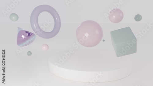 Cluster Of Pastel Geometric Shapes With Small Spheres 3D Render