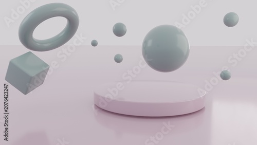 Pink Surreal Scene With Geometric Shapes And Pedestal 3D Render