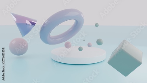 Geometric Shapes Floating Over Turquoise Background 3D Render