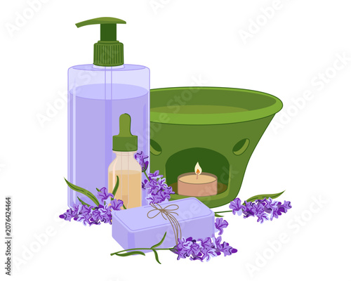 Vector spa accessories. Lavender soap, bottle of essential oil and green aroma lamp. Fresh lavender sprigs for calming atmosphere. Perfect for promoting health, aromatherapy, and beauty products.