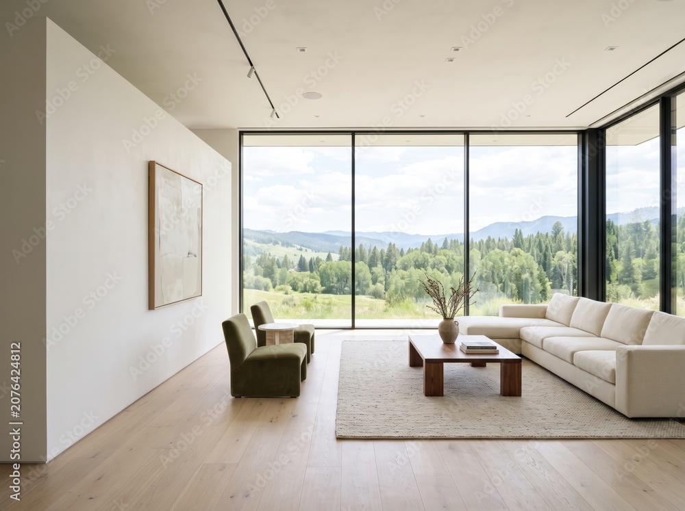 Fototapeta premium Modern Minimalist Living Room with Scenic Mountain View and Natural Light