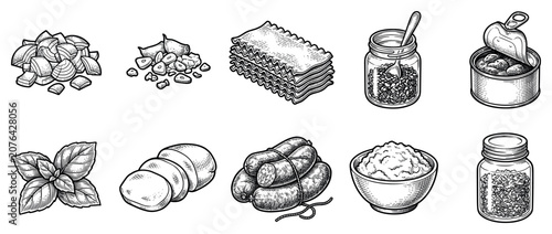 Cooking ingredients icons set. Italian food and recipe concept. Includes chopped onion, garlic cloves, lasagna sheets, canned mushrooms, basil leaves, mozzarella, sausages, minced meat,