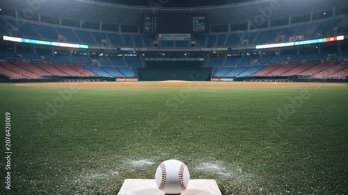 White baseball resting on home plate inside an empty professional sports stadium arena
