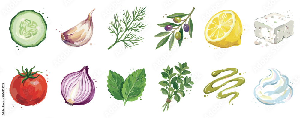 Fototapeta premium Mediterranean food ingredient icons set. Healthy cooking and fresh produce concept. Includes cucumber slice, garlic clove, dill sprig, olive branch, lemon half, feta cheese, tomato, red