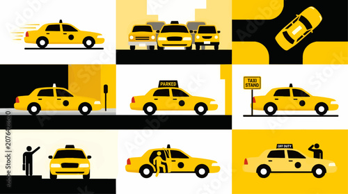 Photos Flat Design Icons Set of Yellow New York City Taxis in Various Actions and Setti