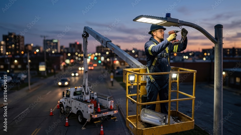 Fototapeta premium A street light technician installing a new LED lamp on a utility pole using a cherry picker at dusk, focused on maintaining and upgrading urban lighting infrastructure for improved public safety. 