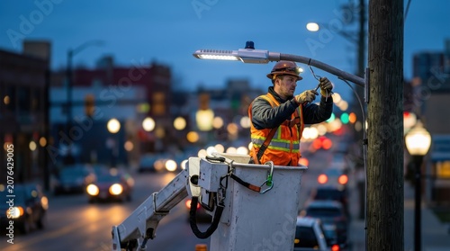 A street light technician installing a new LED lamp on a utility pole using a cherry picker at dusk, focused on maintaining and upgrading urban lighting infrastructure for improved public safety. 