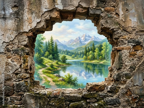Scenic mountain lake landscape through ancient stone window