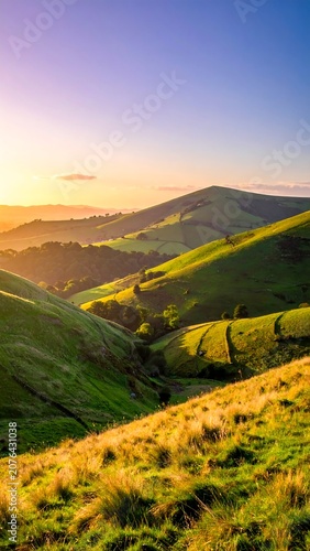 Golden hour over rolling green hills with scattered trees.