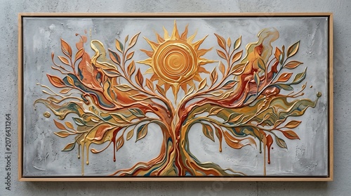 Tree with sun and leaves abstract art