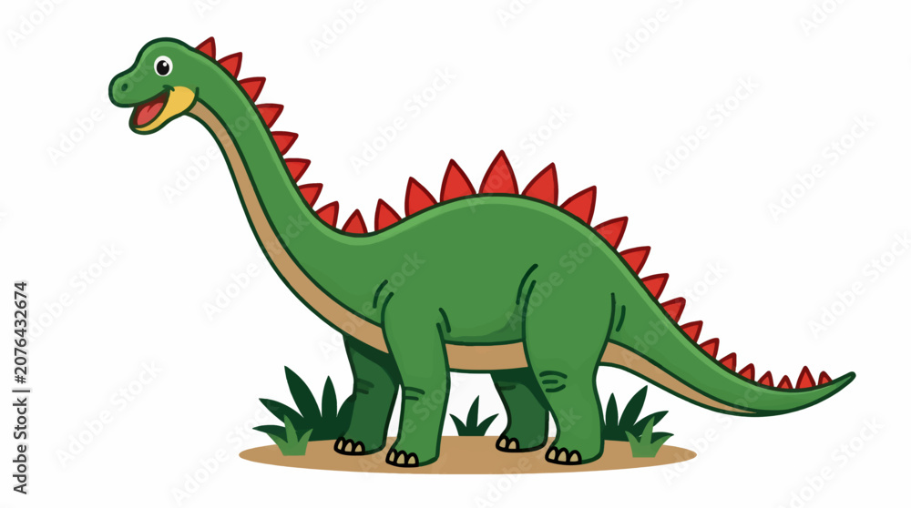 Fototapeta premium Cute Green Dinosaur with Long Neck and Red Spikes, Flat Vector Illustration Standing on Ground with Grass, Cheerful Cartoon Style