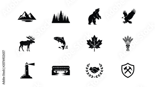 Εκτύπωση καμβά Black and white provincial heritage symbol set showcasing wildlife agriculture
