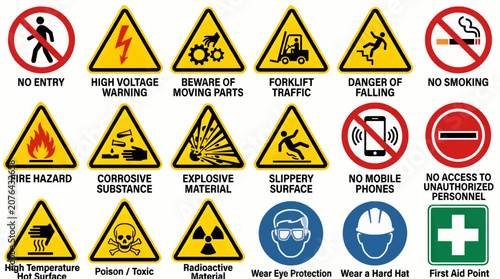 Tableau sur toile Collection of Flat Vector Safety and Warning Signs, Including Hazard Symbols, Pr