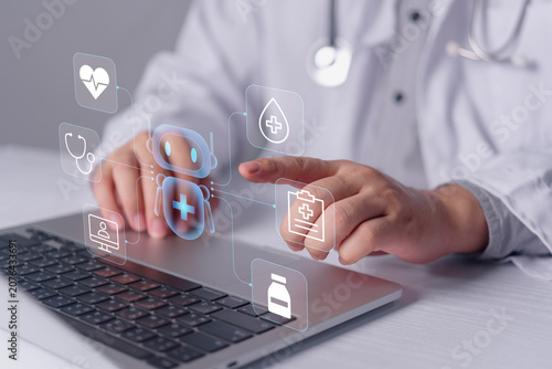 Doctor typing on a laptop with a futuristic AI medical chatbot hologram and healthcare icons, representing artificial intelligence in medicine, digital health assistants, and modern virtual care.