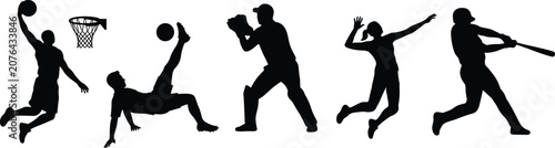 Professional vector set of team sports silhouettes including basketball soccer baseball and volleyball isolated on white background