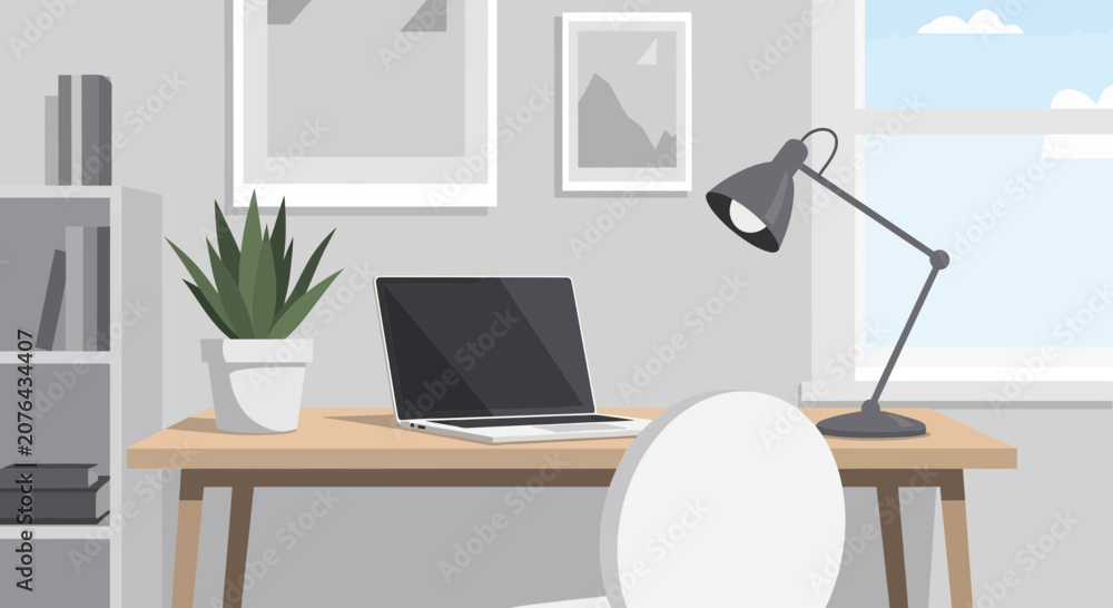 Fototapeta premium Modern Home Office Setup with Laptop, Desk Lamp, and Plant - Flat Design