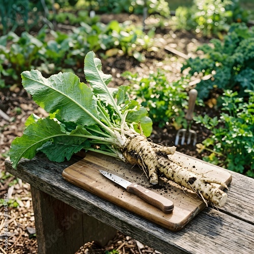 Freshly Harvested Horseradish Roots on Wooden Cutting Board in Garden Setting