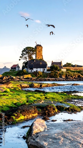 Historic stone windmill on scenic coastal landscape.