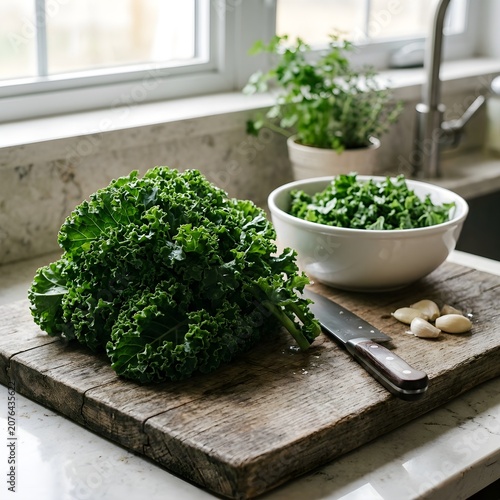 Fresh raw kale bunch and chopped leaves on wooden cutting board in bright kitchen setting