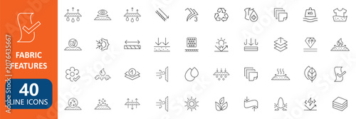 Fabric Features Textile Material Line Icon Set for Breathable Waterproof Stretchable Thermal Soft Durable Sustainable Cloth Care Sewing Fashion Industry Collection editable stroke.
