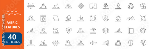 Fabric Features Textile Material Line Icon Set for Breathable Waterproof Stretchable Thermal Soft Durable Sustainable Cloth Care Sewing Fashion Industry Collection editable stroke.

