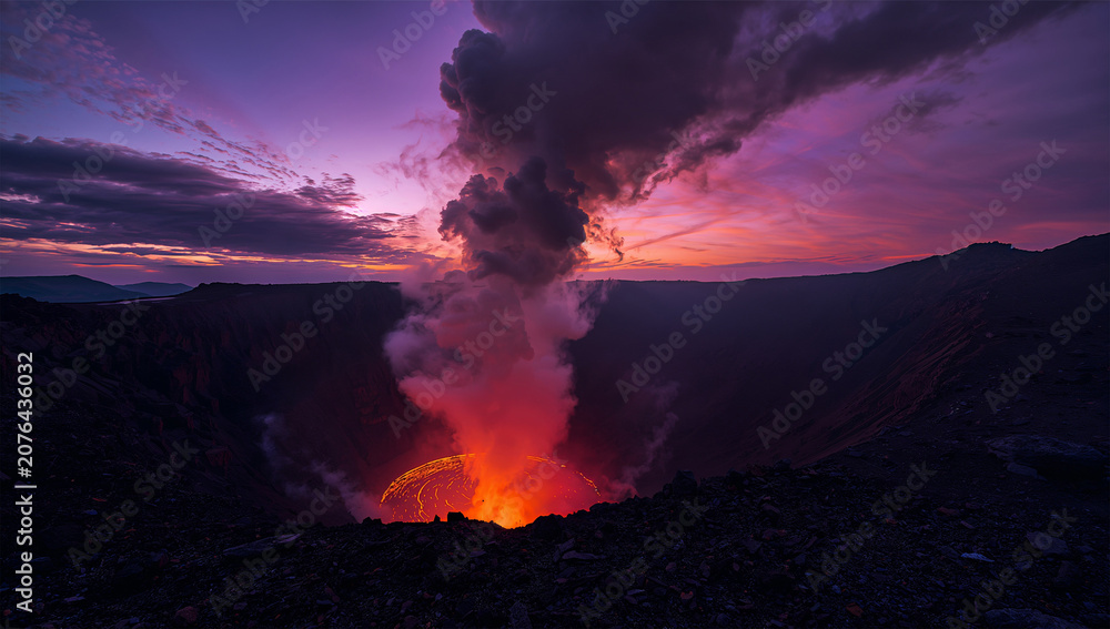 Fototapeta premium 夕焼けの火山から噴煙が立ち上る迫力ある自然風景