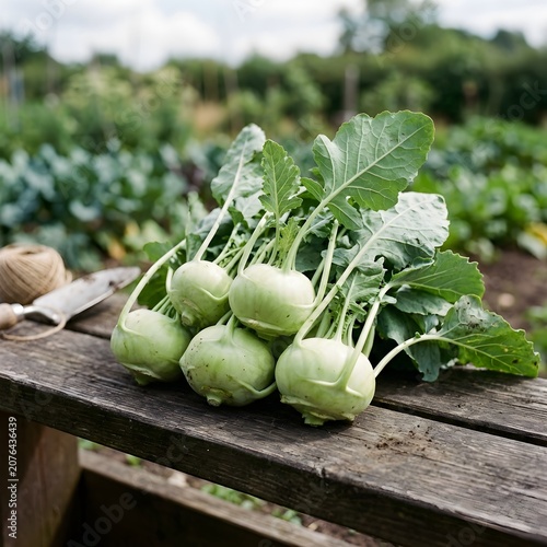 Freshly Harvested Kohlrabi Vegetables on Wooden Table in Natural Garden Setting