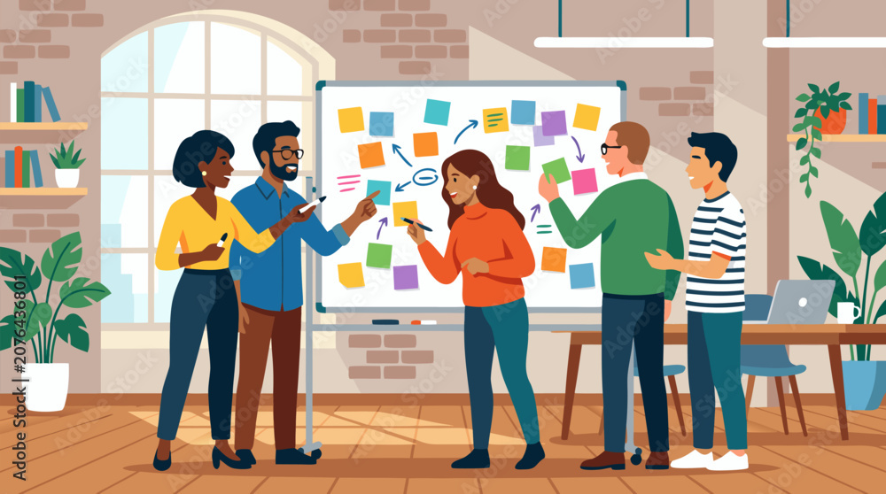 Fototapeta premium A clean flat vector illustration on a light background shows coworkers brainstorming with sticky notes on a whiteboard, useful for teamwork and office training.