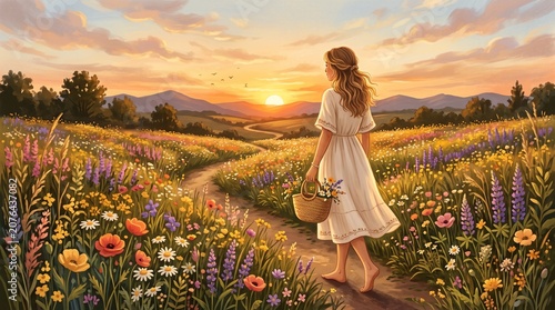 Serene woman in white dress walking barefoot through a vibrant wildflower meadow at sunset, holding a wicker basket with flowers