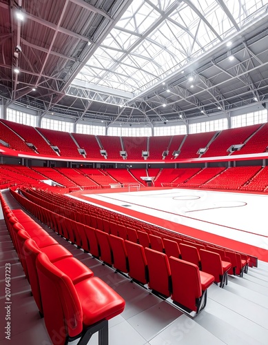 Modern red stadium seating under glass roof.
