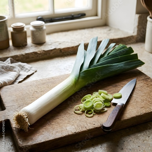 Fresh leek and knife on wooden cutting board in natural kitchen light